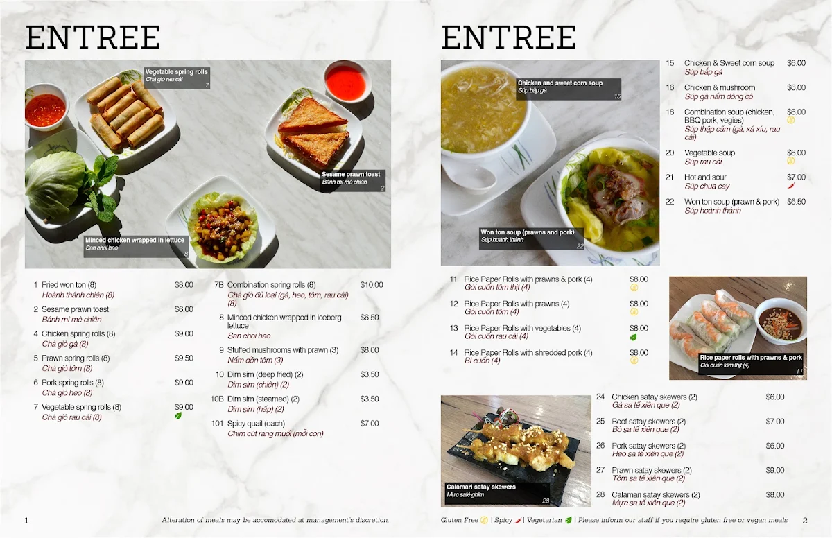 Menu, Thiên Long Restaurant