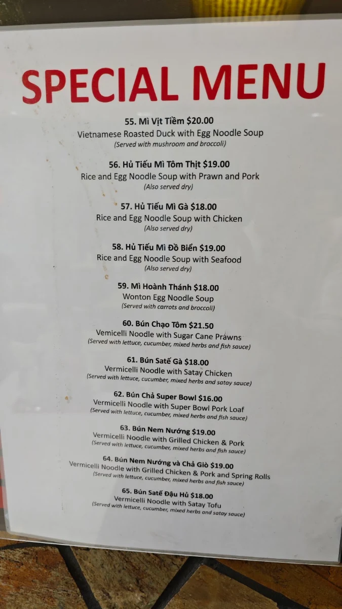 Menu, Super Bowl Pho & Bun Bo Hue