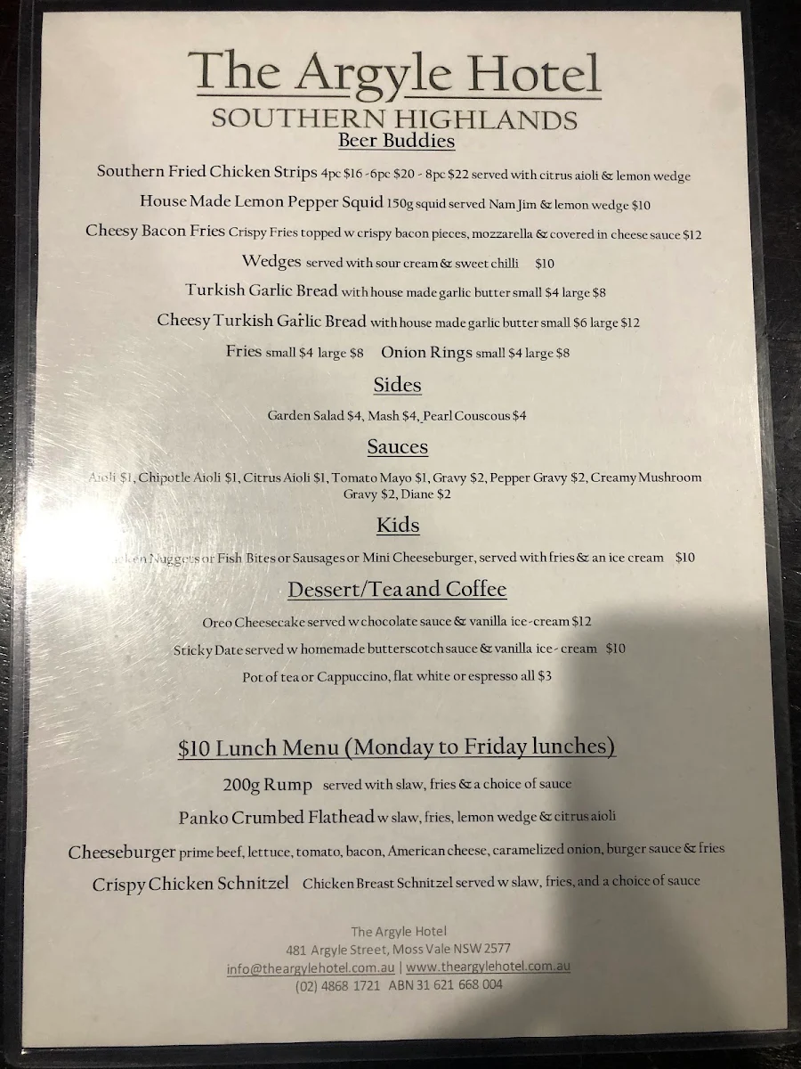 Menu, The Argyle Hotel