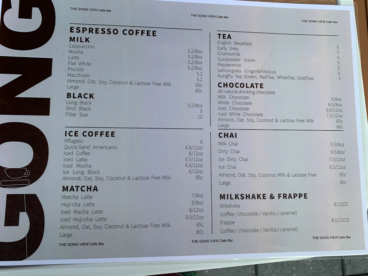 Menu, The Gong View Cafe