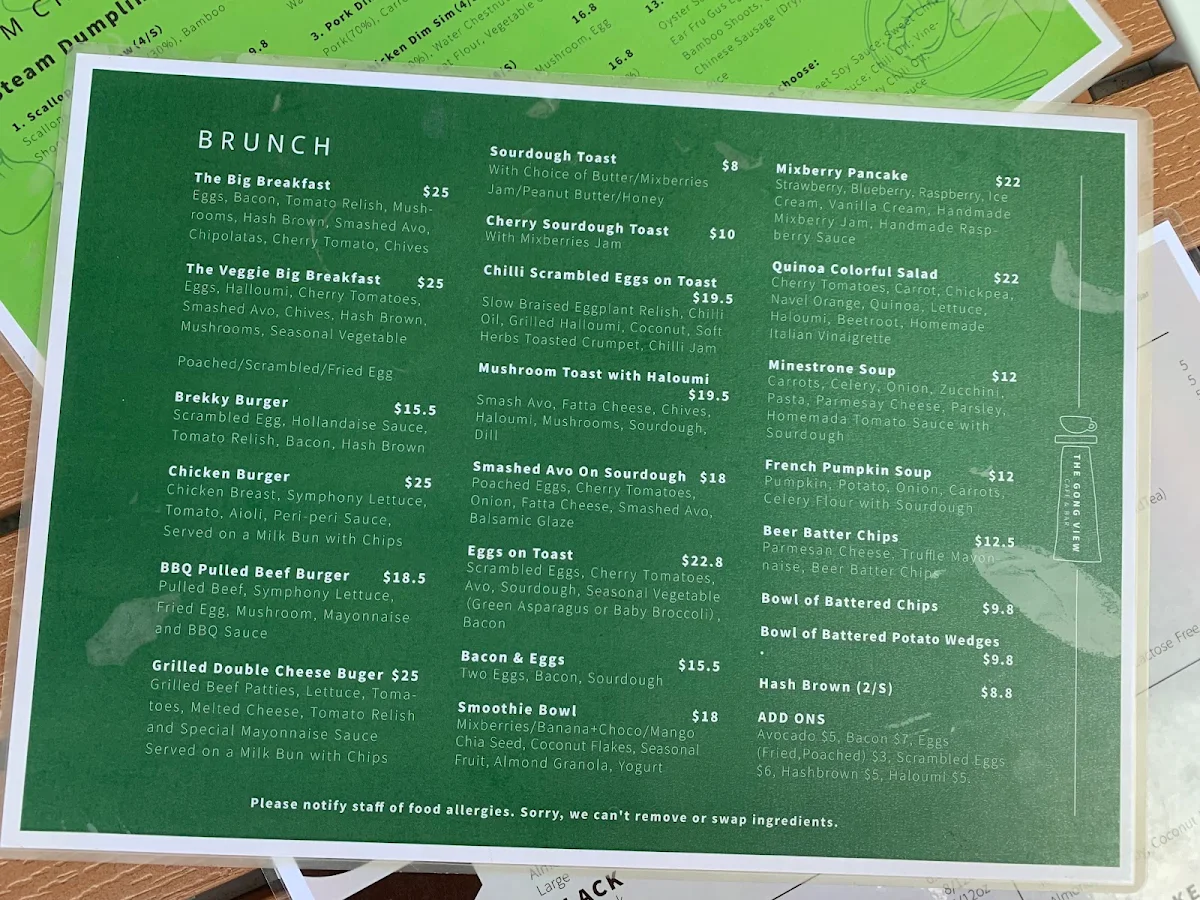 Menu, The Gong View Cafe