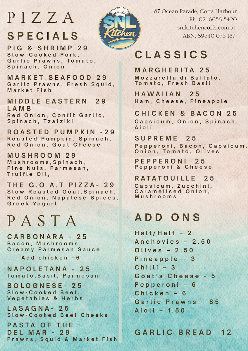 Menu, SNL Kitchen
