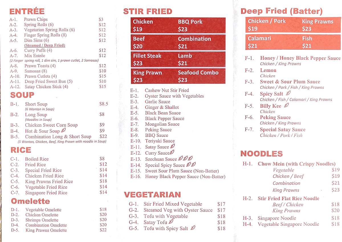 Menu, Kiama Chinese and Malaysian restaurant
