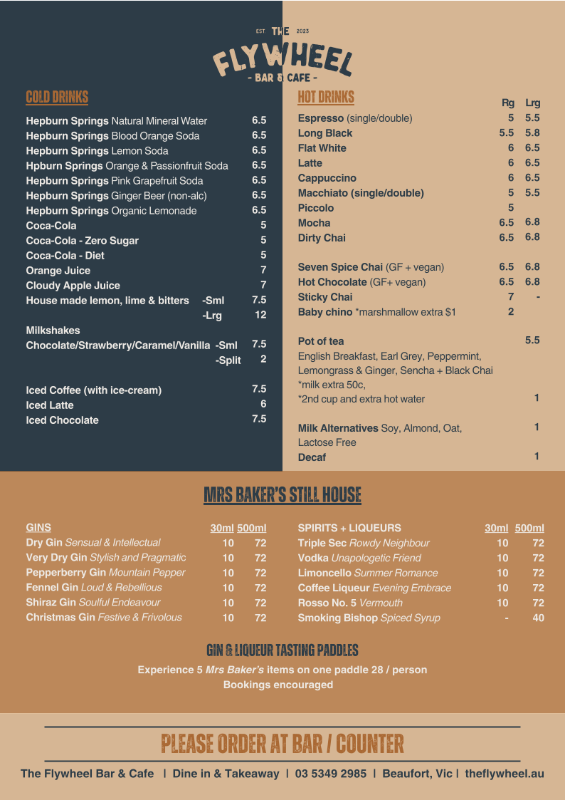 Menu, The Flywheel Bar & Cafe