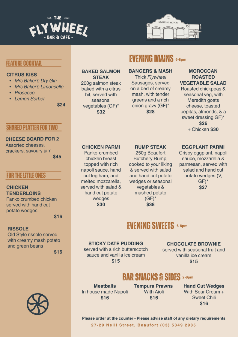 Menu, The Flywheel Bar & Cafe