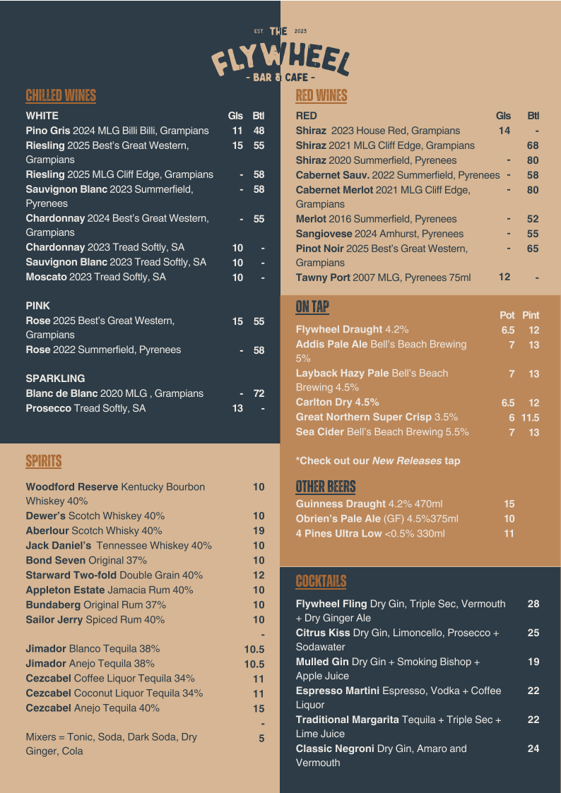 Menu, The Flywheel Bar & Cafe