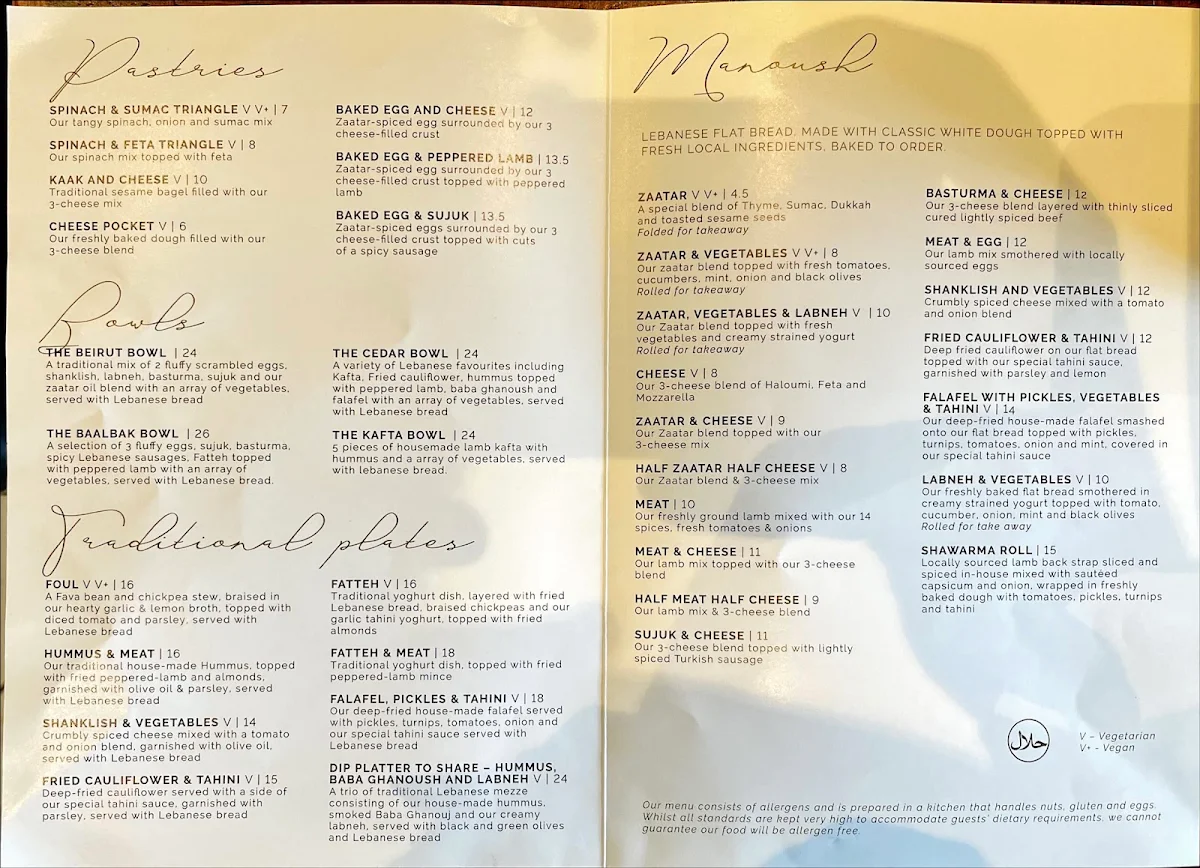 Menu, Manousheh