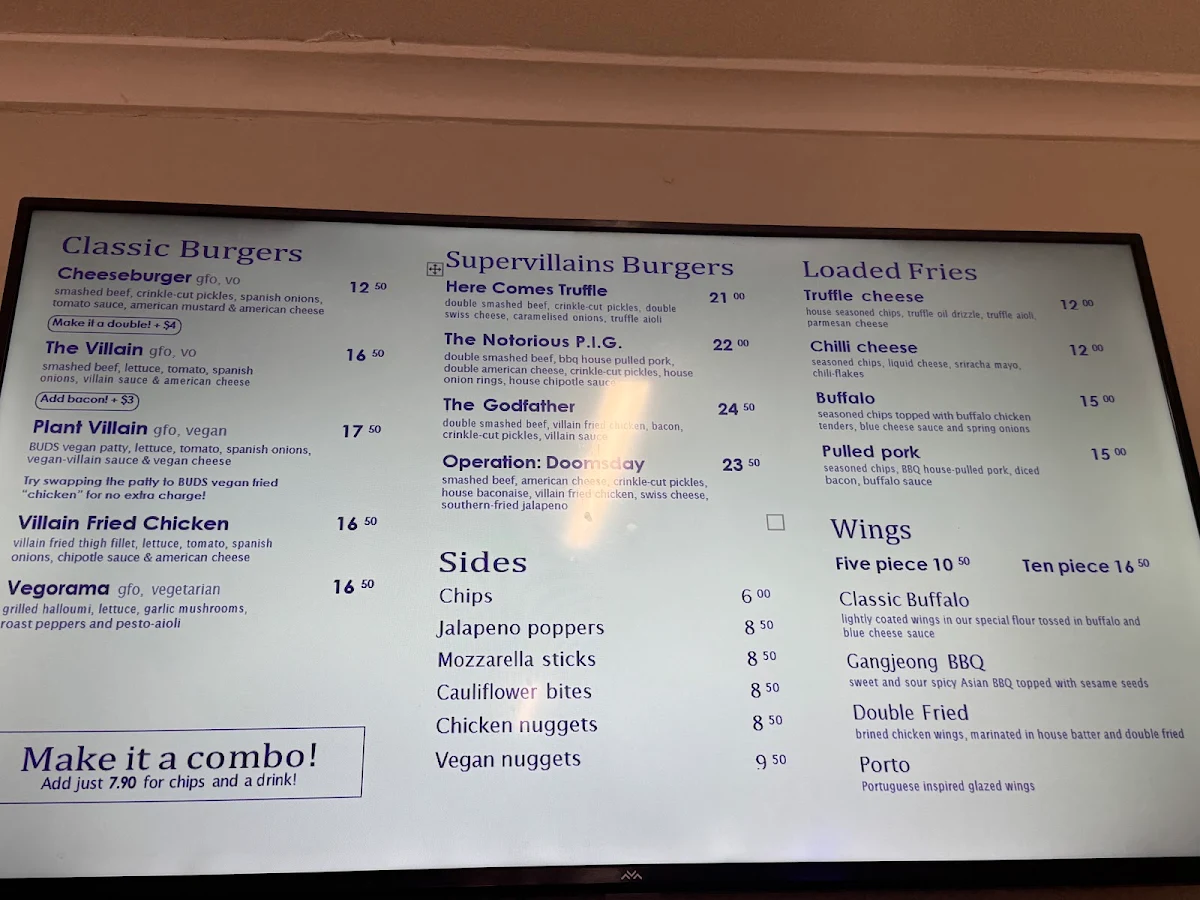 Menu, BURGER VILLAINS PAGE