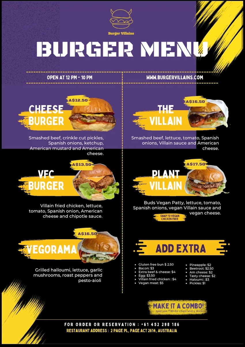 Menu, BURGER VILLAINS PAGE