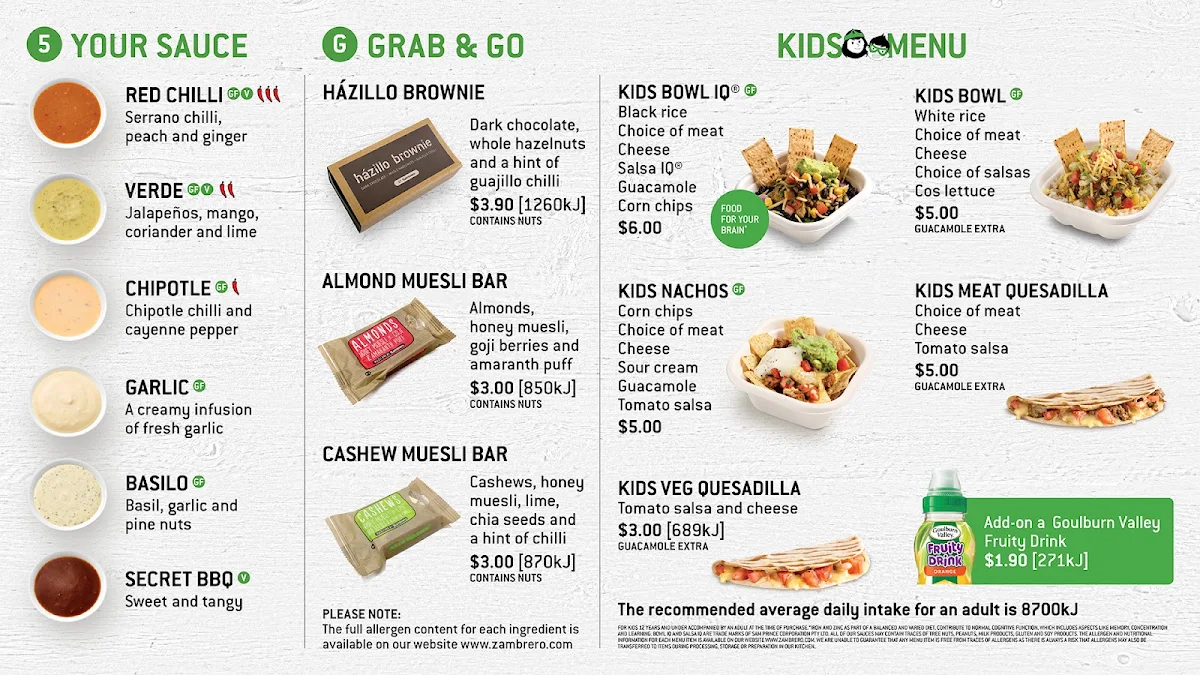 Menu, Zambrero Mackay