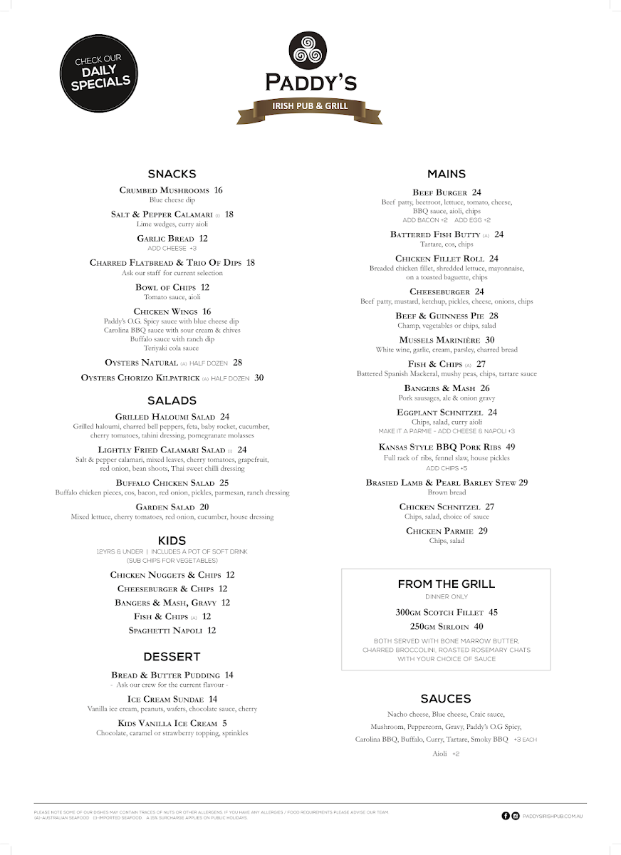 Menu, Paddy's Irish Pub & Grill