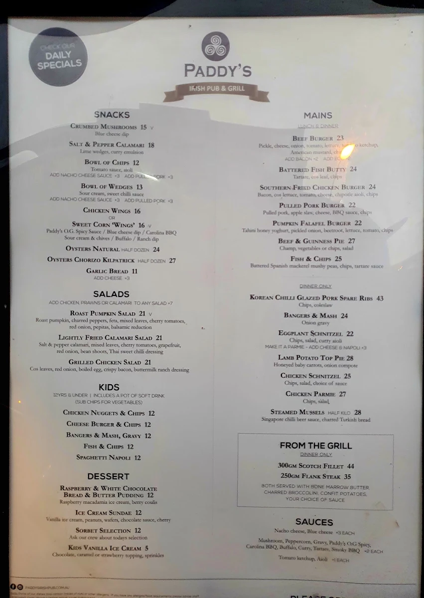 Menu, Paddy's Irish Pub & Grill
