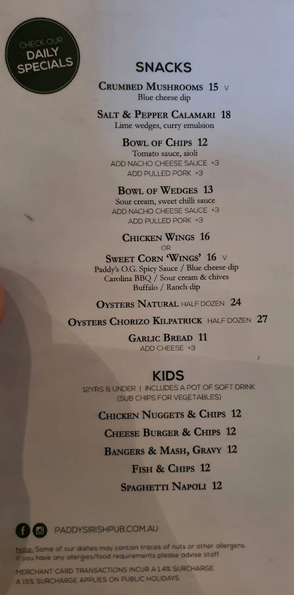 Menu, Paddy's Irish Pub & Grill