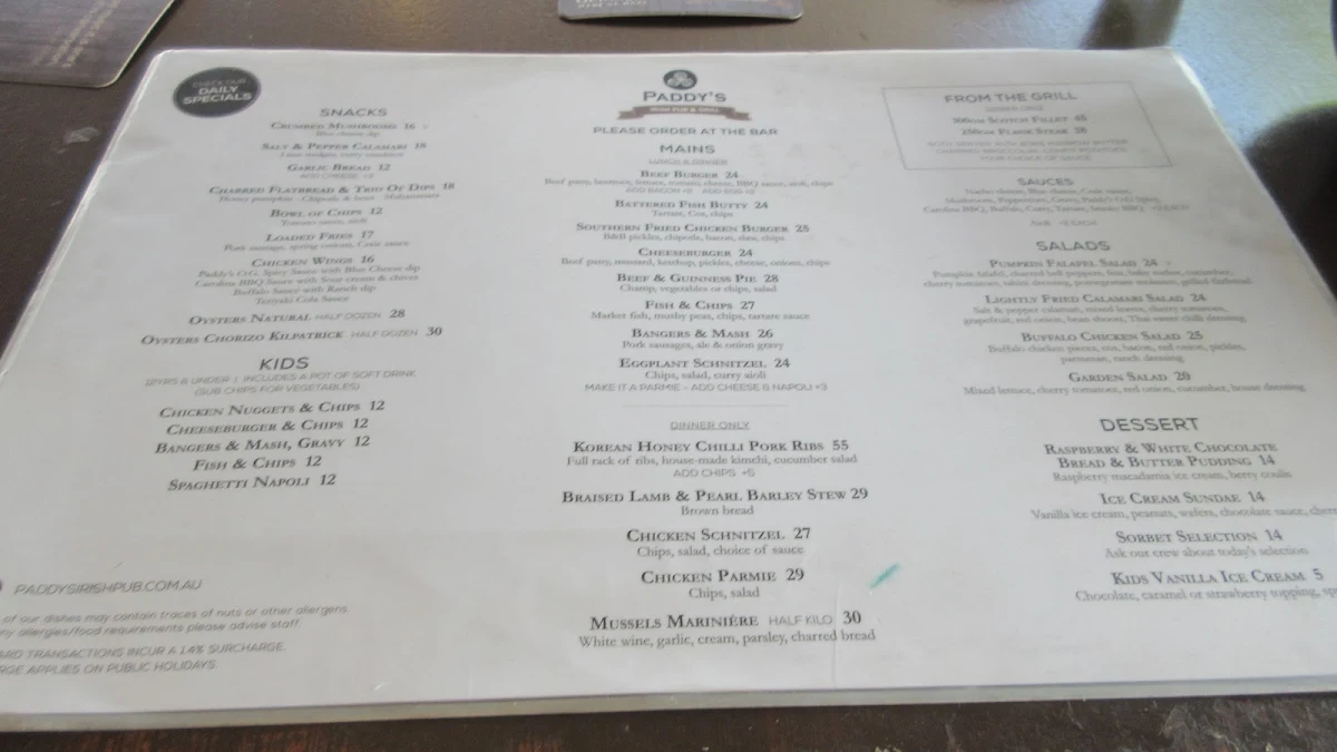 Menu, Paddy's Irish Pub & Grill