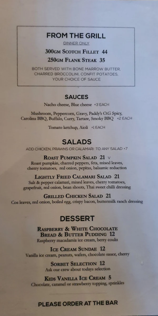 Menu, Paddy's Irish Pub & Grill
