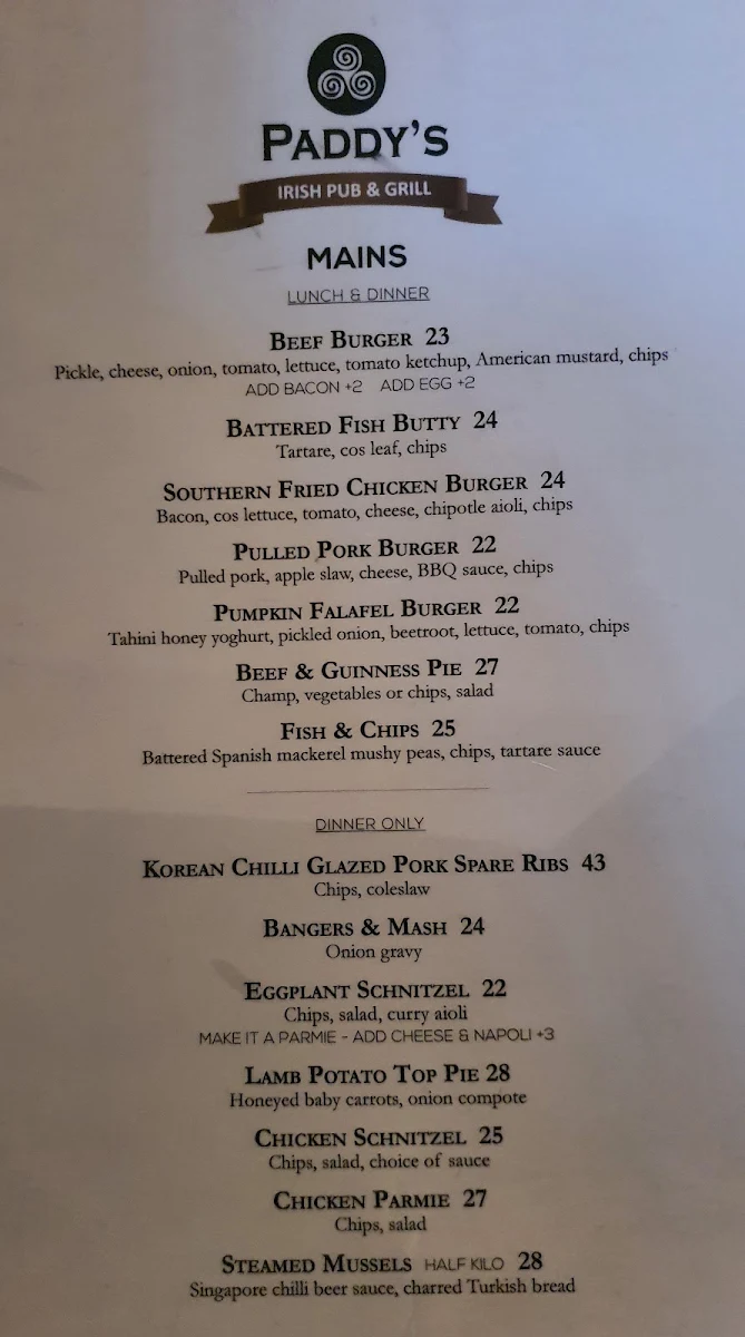 Menu, Paddy's Irish Pub & Grill