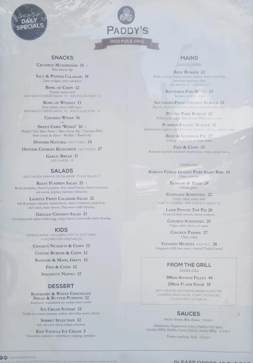 Menu, Paddy's Irish Pub & Grill