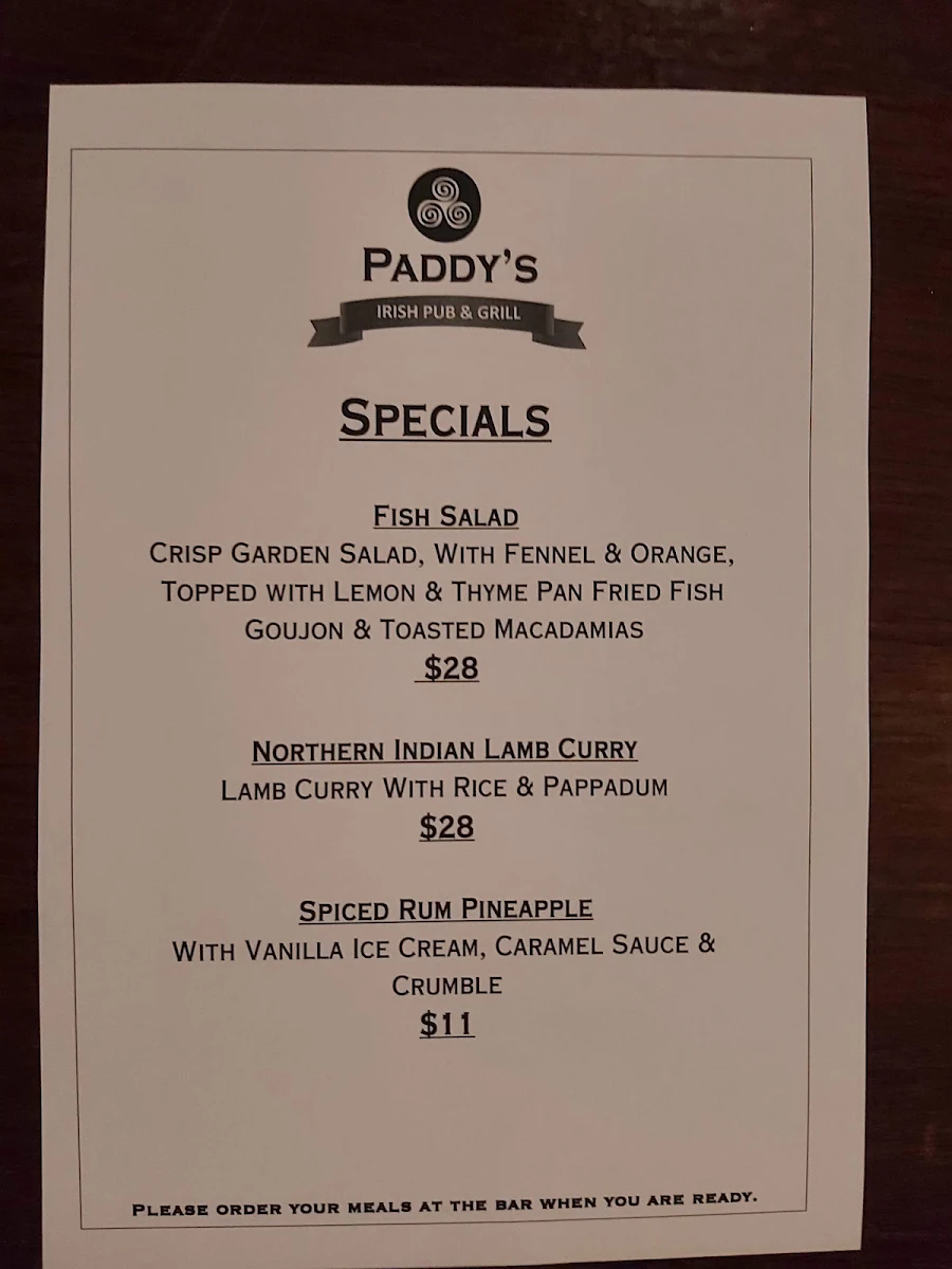 Menu, Paddy's Irish Pub & Grill
