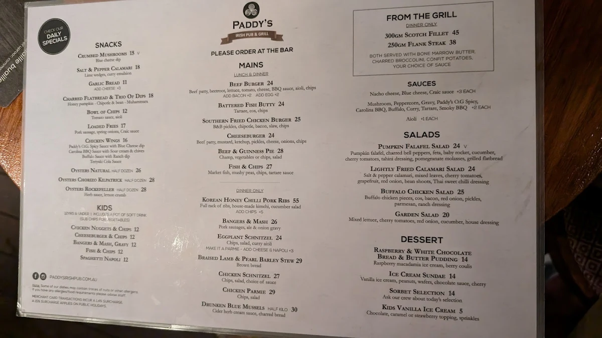 Menu, Paddy's Irish Pub & Grill