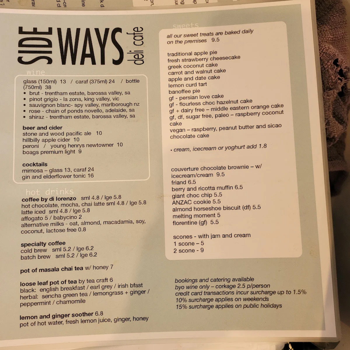 Menu, Sideways Deli Cafe