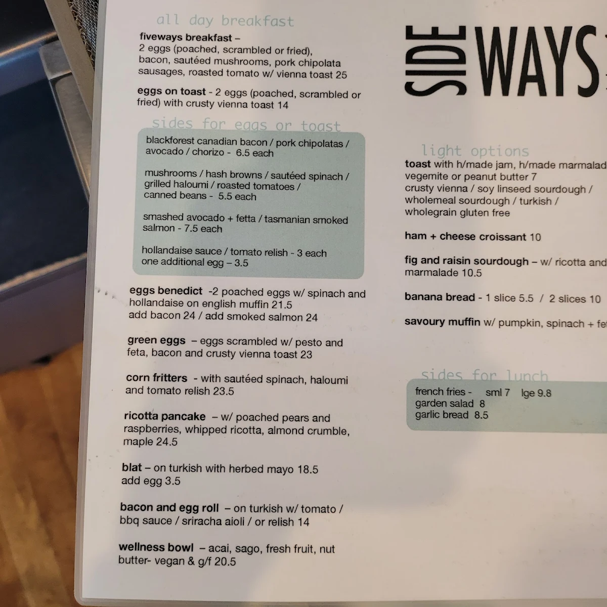 Menu, Sideways Deli Cafe