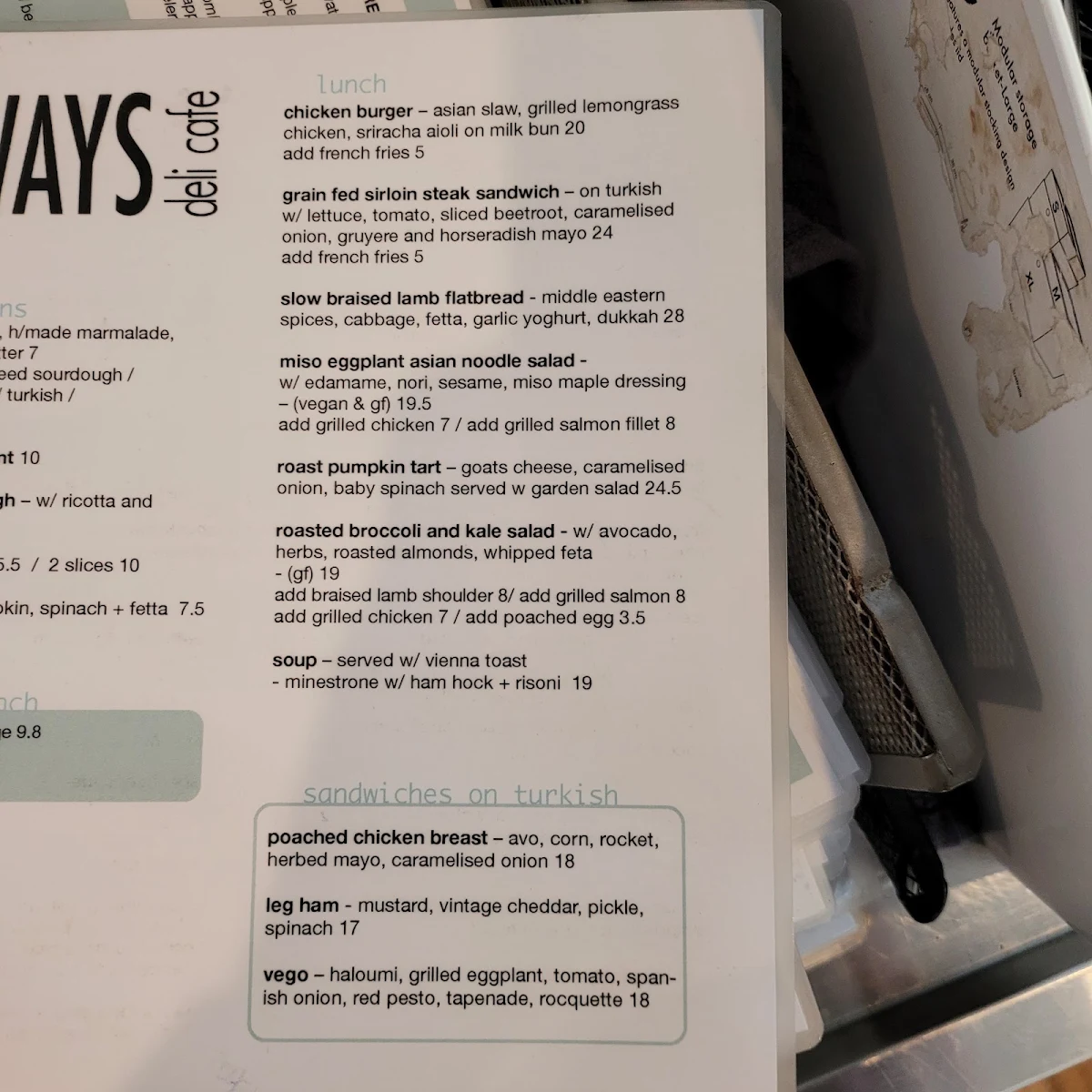 Menu, Sideways Deli Cafe