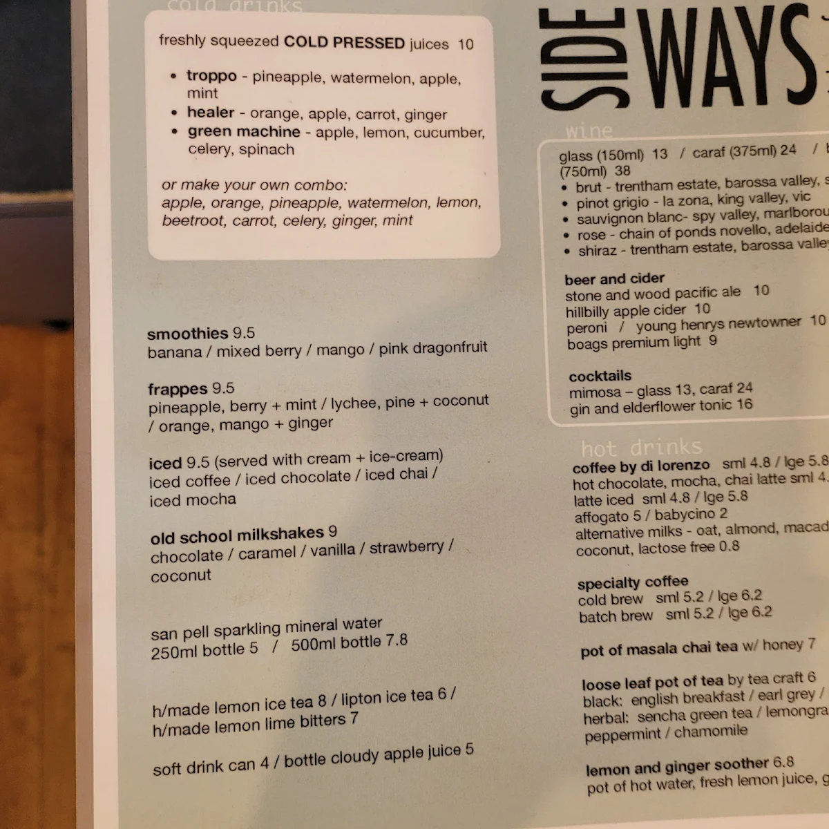 Menu, Sideways Deli Cafe