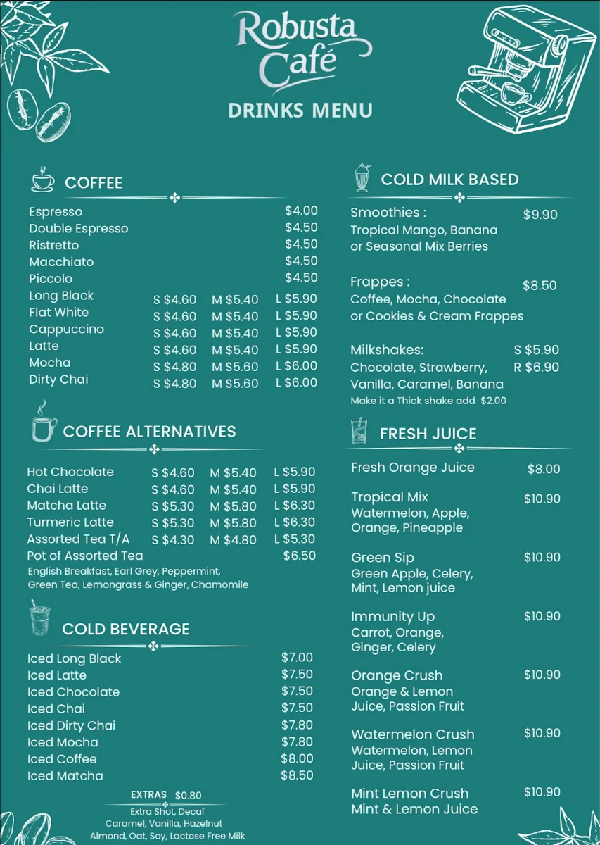 Menu, Robusta Cafe