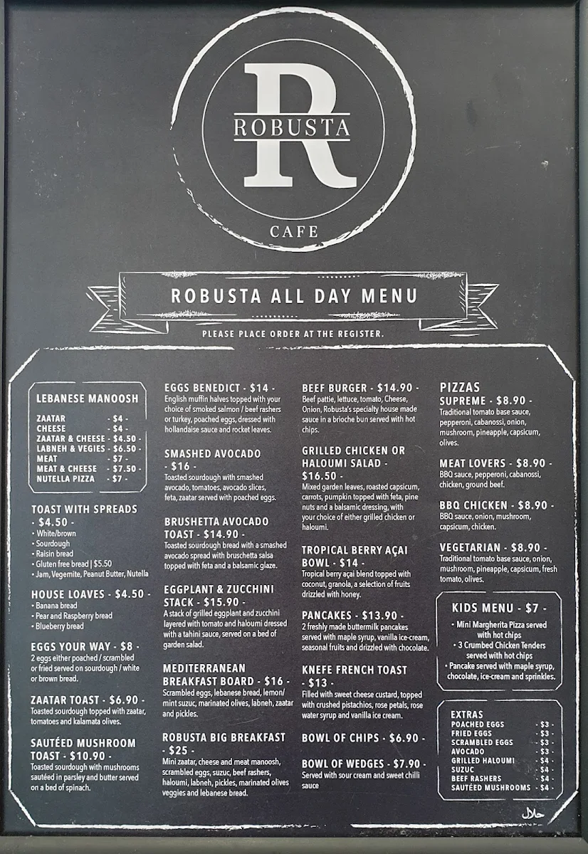 Menu, Robusta Cafe