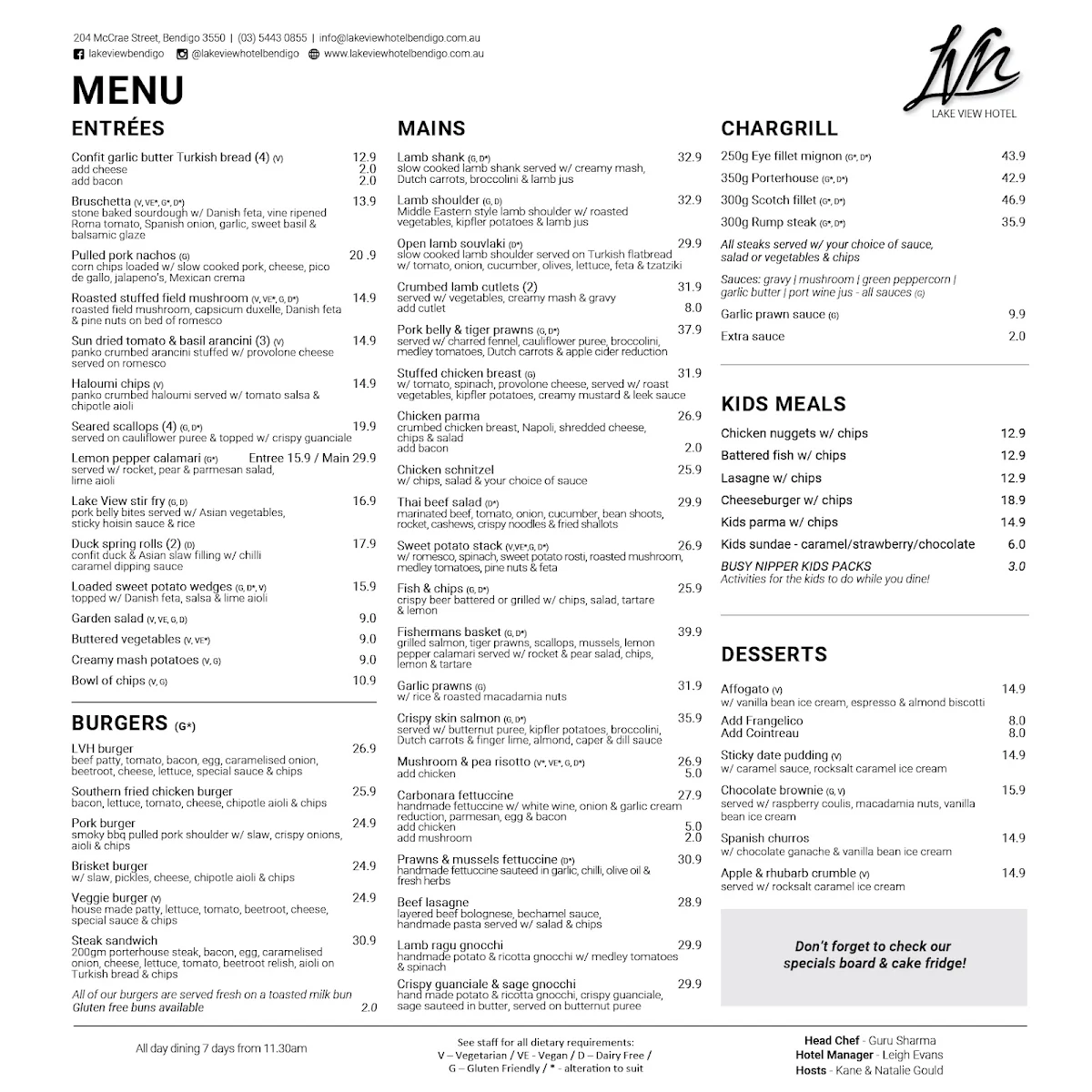 Menu, Lake View Hotel Bendigo