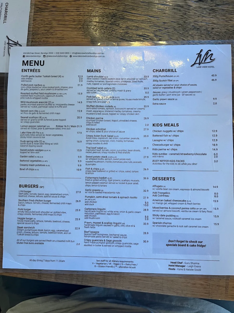 Menu, Lake View Hotel Bendigo