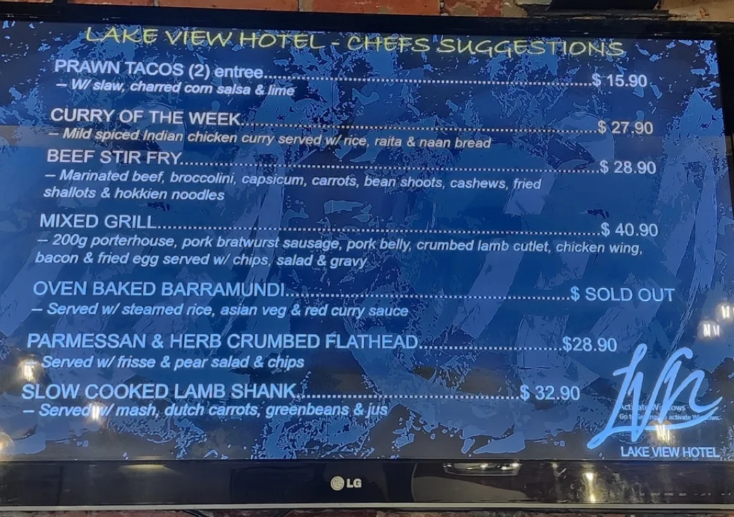 Menu, Lake View Hotel Bendigo