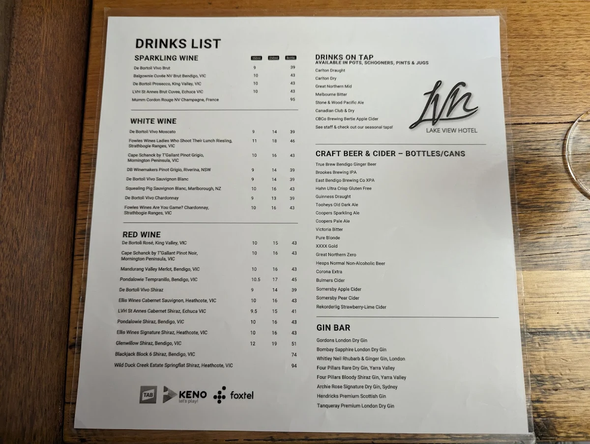 Menu, Lake View Hotel Bendigo