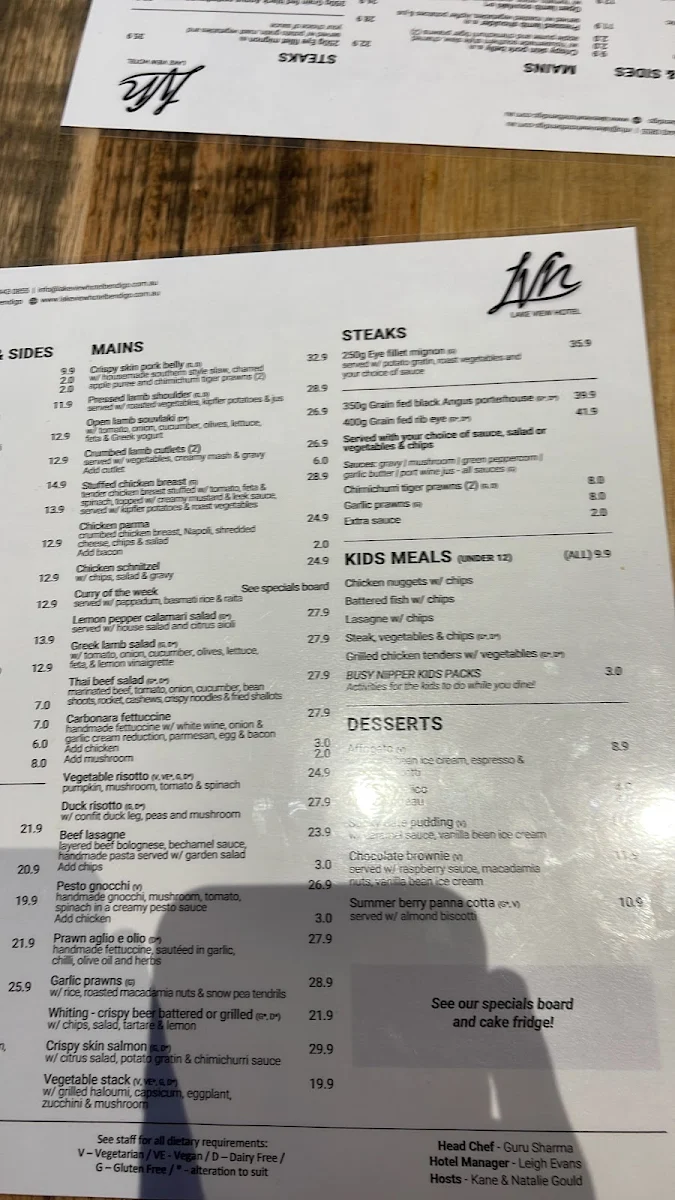 Menu, Lake View Hotel Bendigo