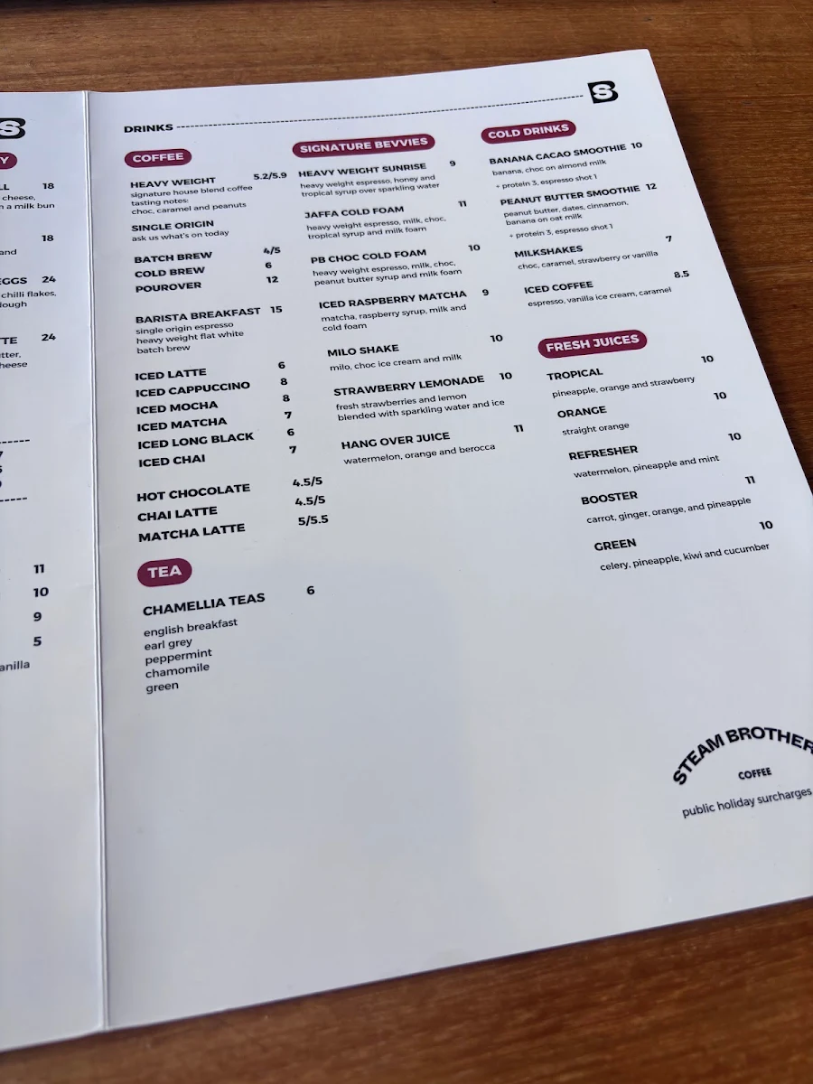 Menu, Steam Brothers Coffee