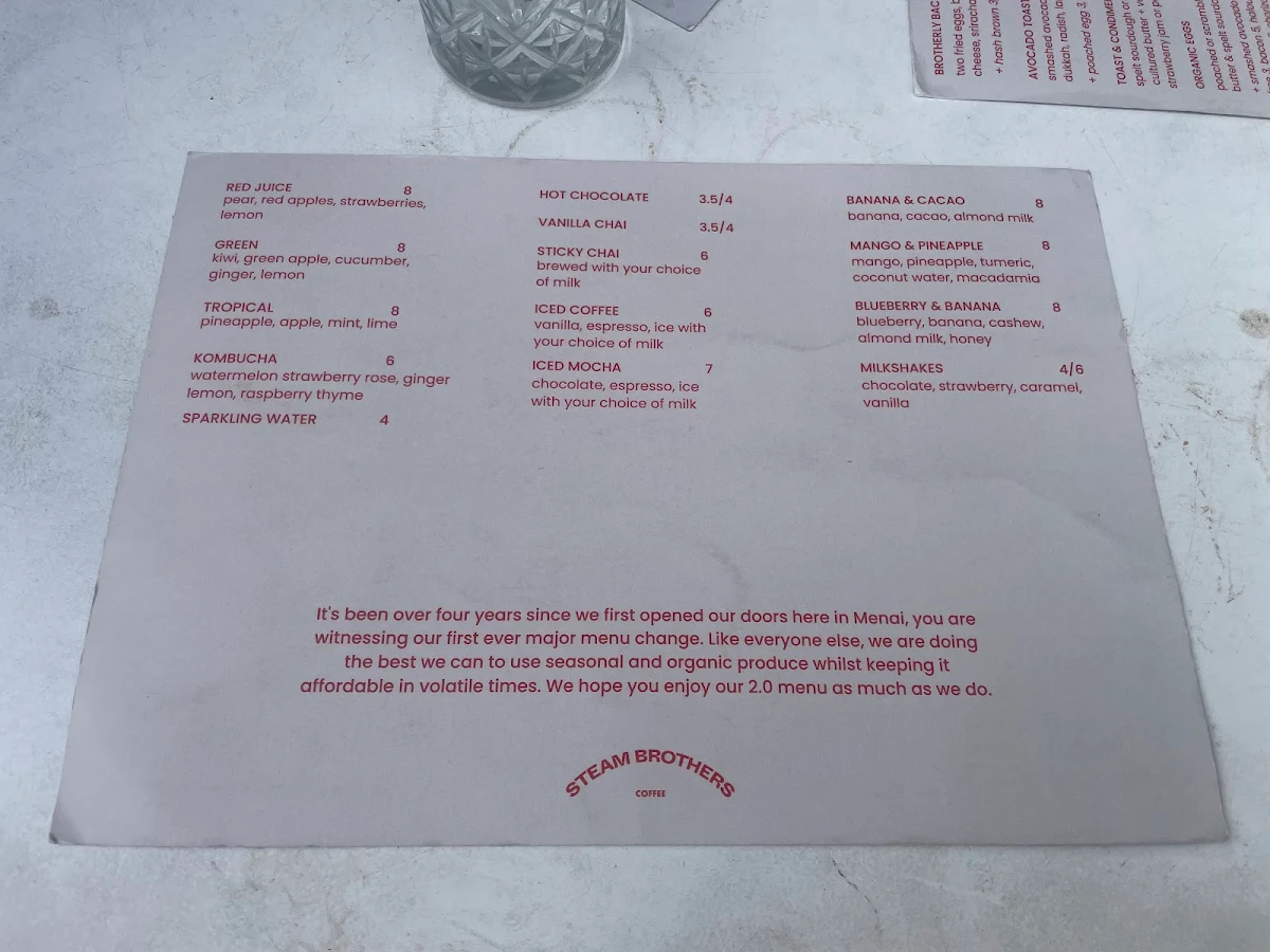 Menu, Steam Brothers Coffee
