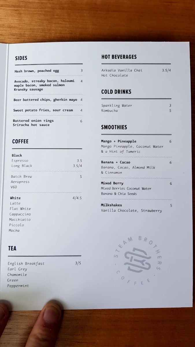 Menu, Steam Brothers Coffee