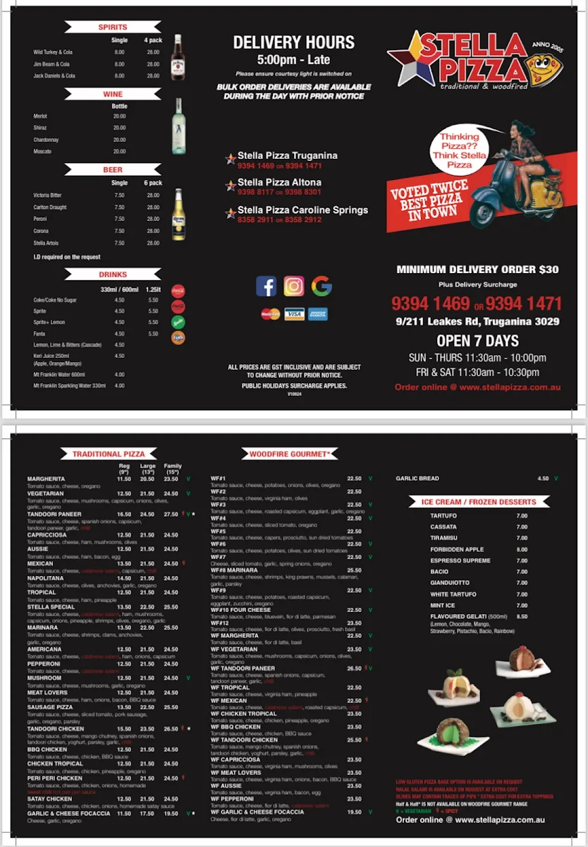 Menu, Stella Pizza Truganina