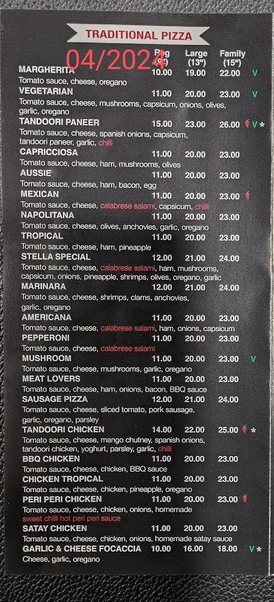 Menu, Stella Pizza Truganina