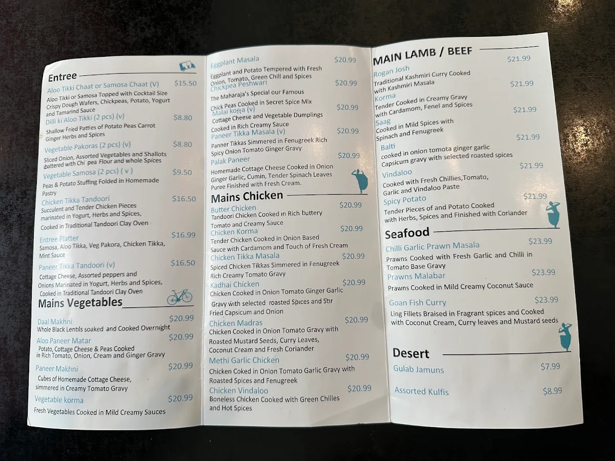 Menu, Maharajas Indian