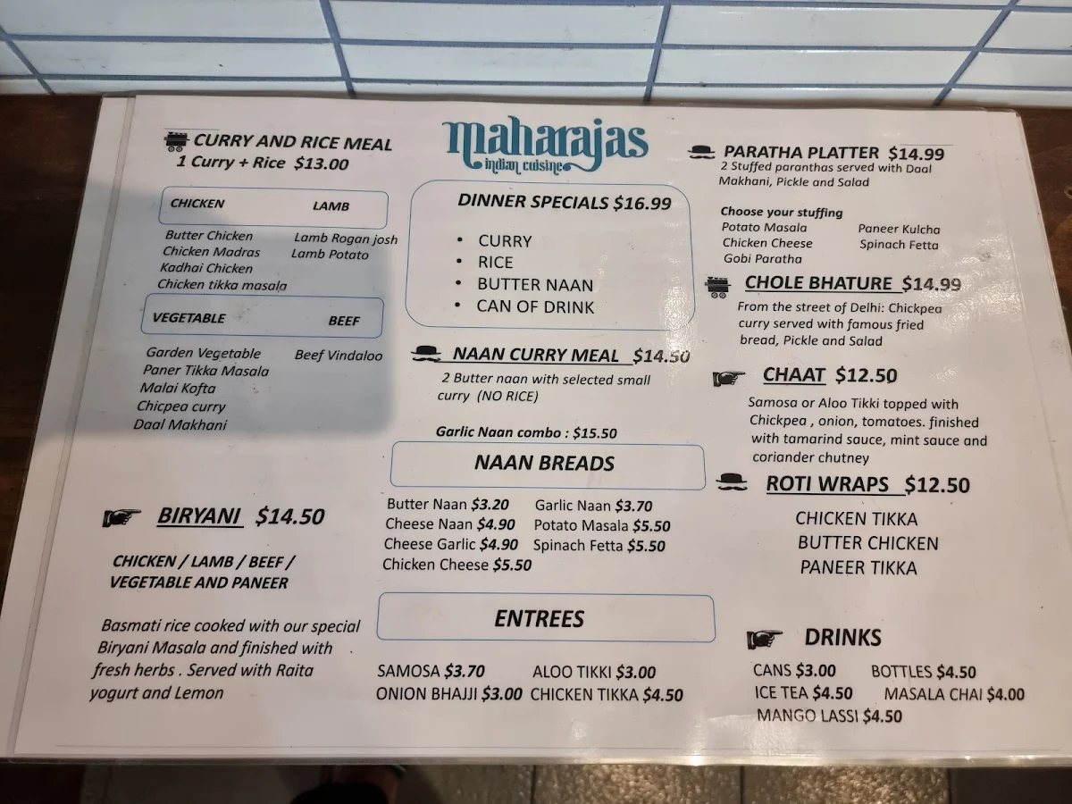 Menu, Maharajas Indian