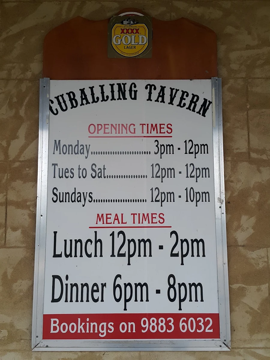 Menu, Cuballing Tavern