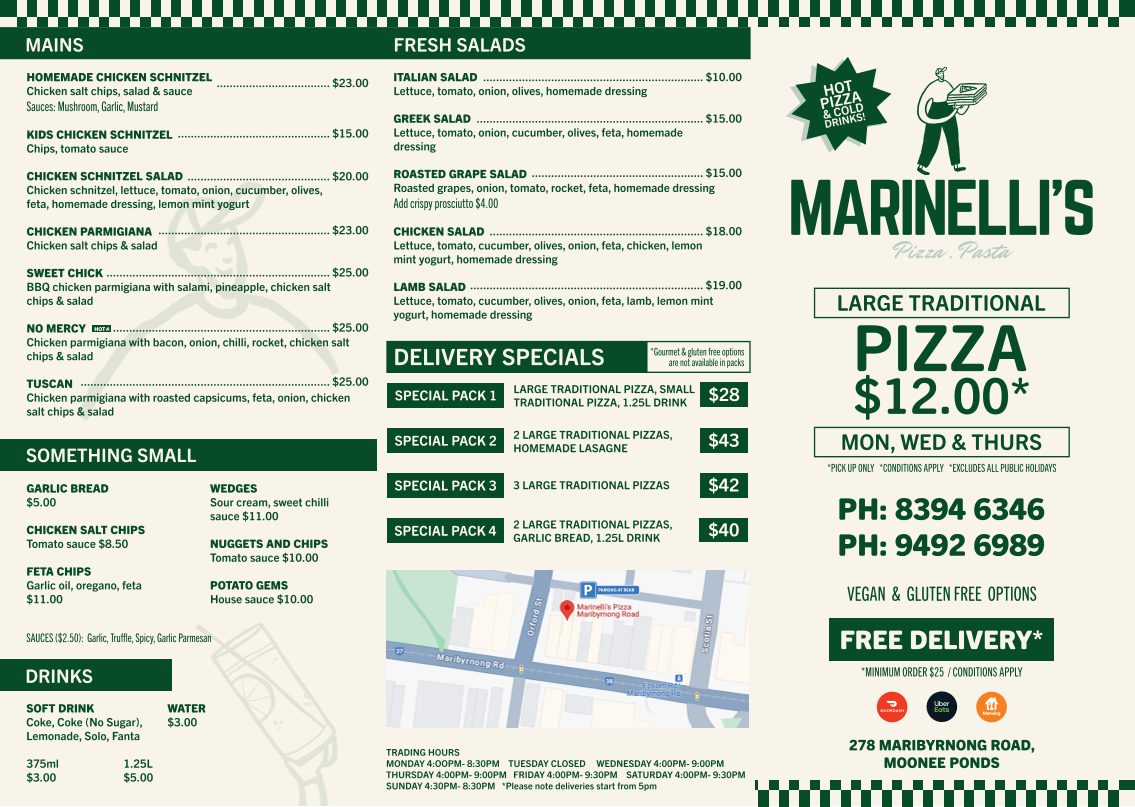 Menu, Marinelli's Pizza Maribyrnong Road