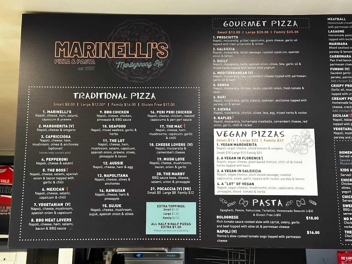 Menu, Marinelli's Pizza Maribyrnong Road