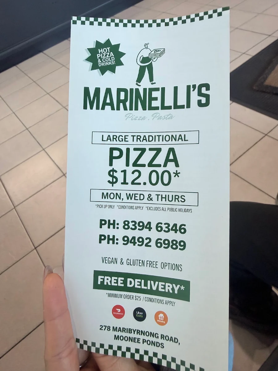 Menu, Marinelli's Pizza Maribyrnong Road