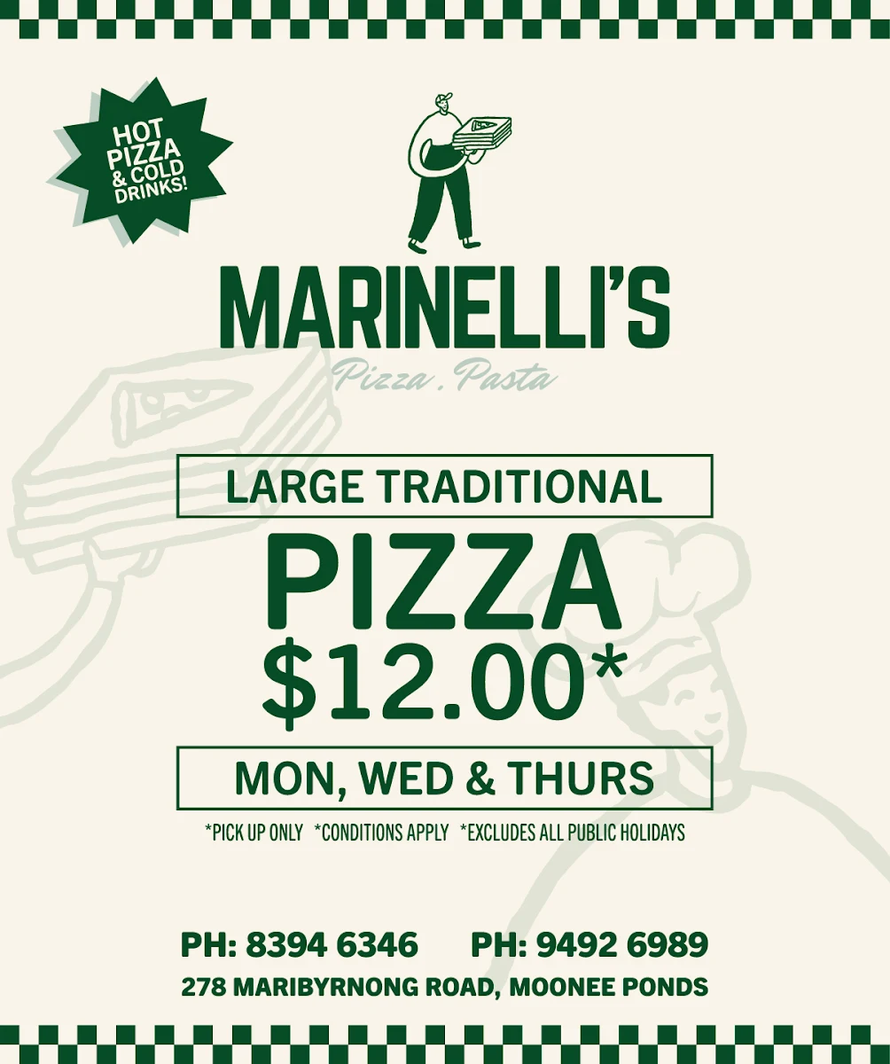 Menu, Marinelli's Pizza Maribyrnong Road