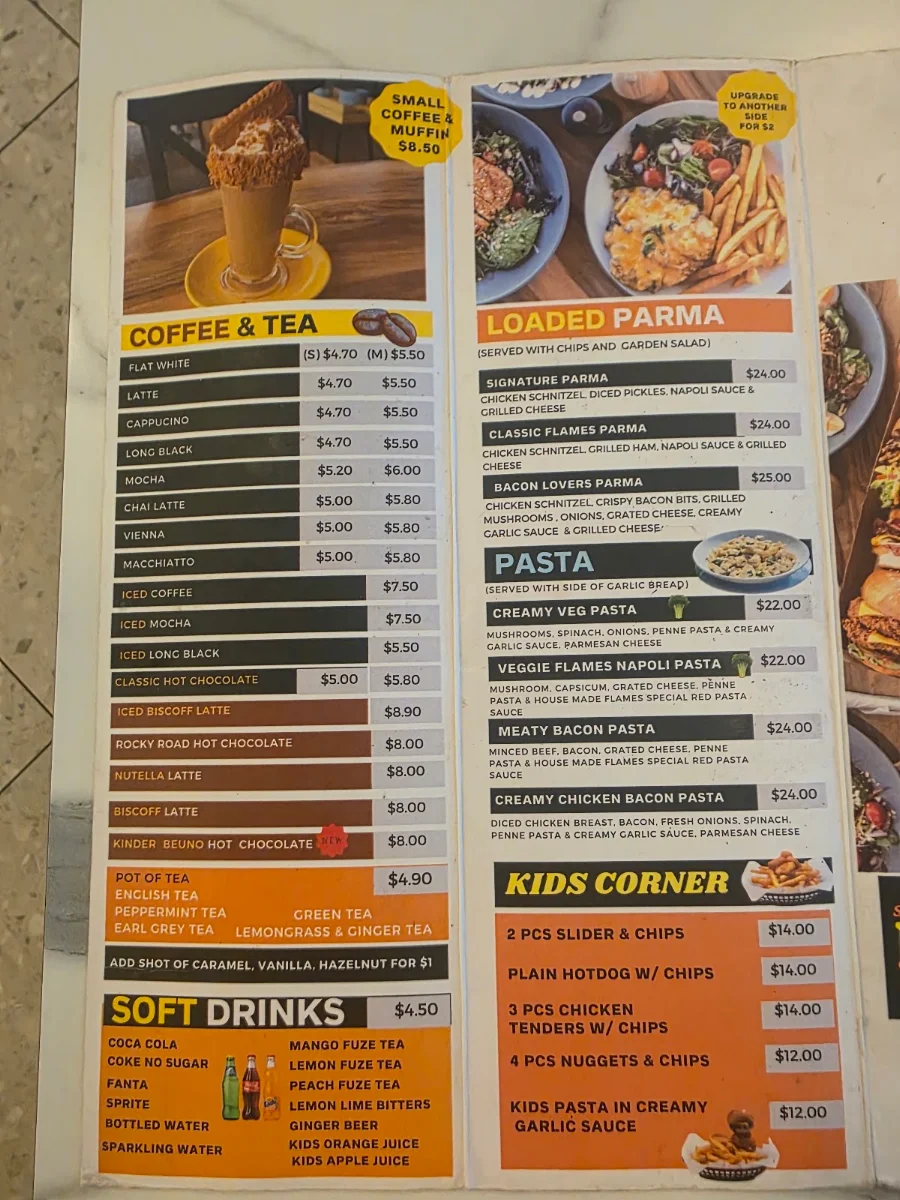Menu, Flames Burgers and Grill (Clarkson)