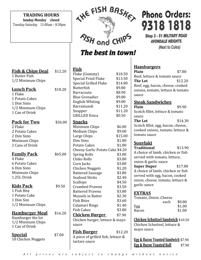 Menu, The Fish Basket