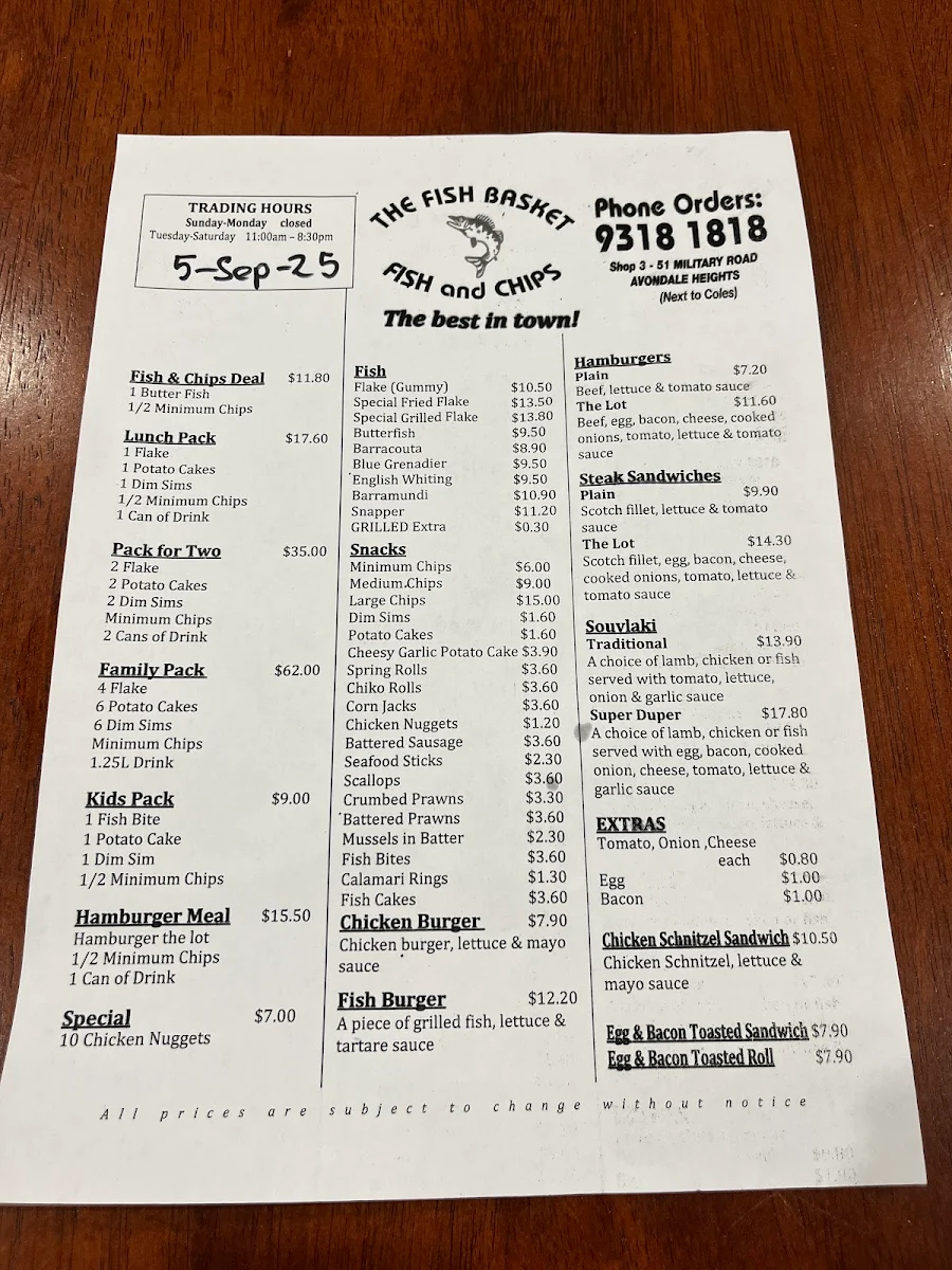 Menu, The Fish Basket