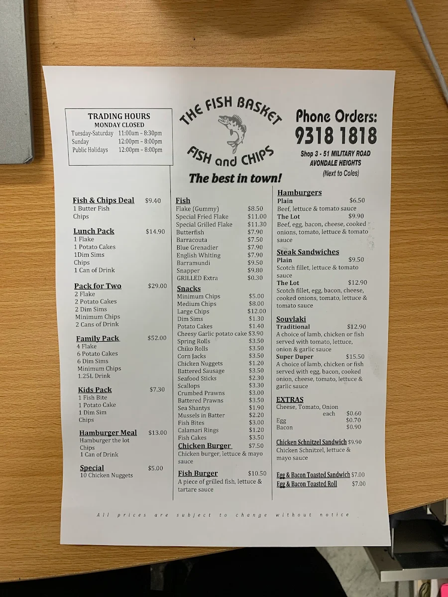 Menu, The Fish Basket